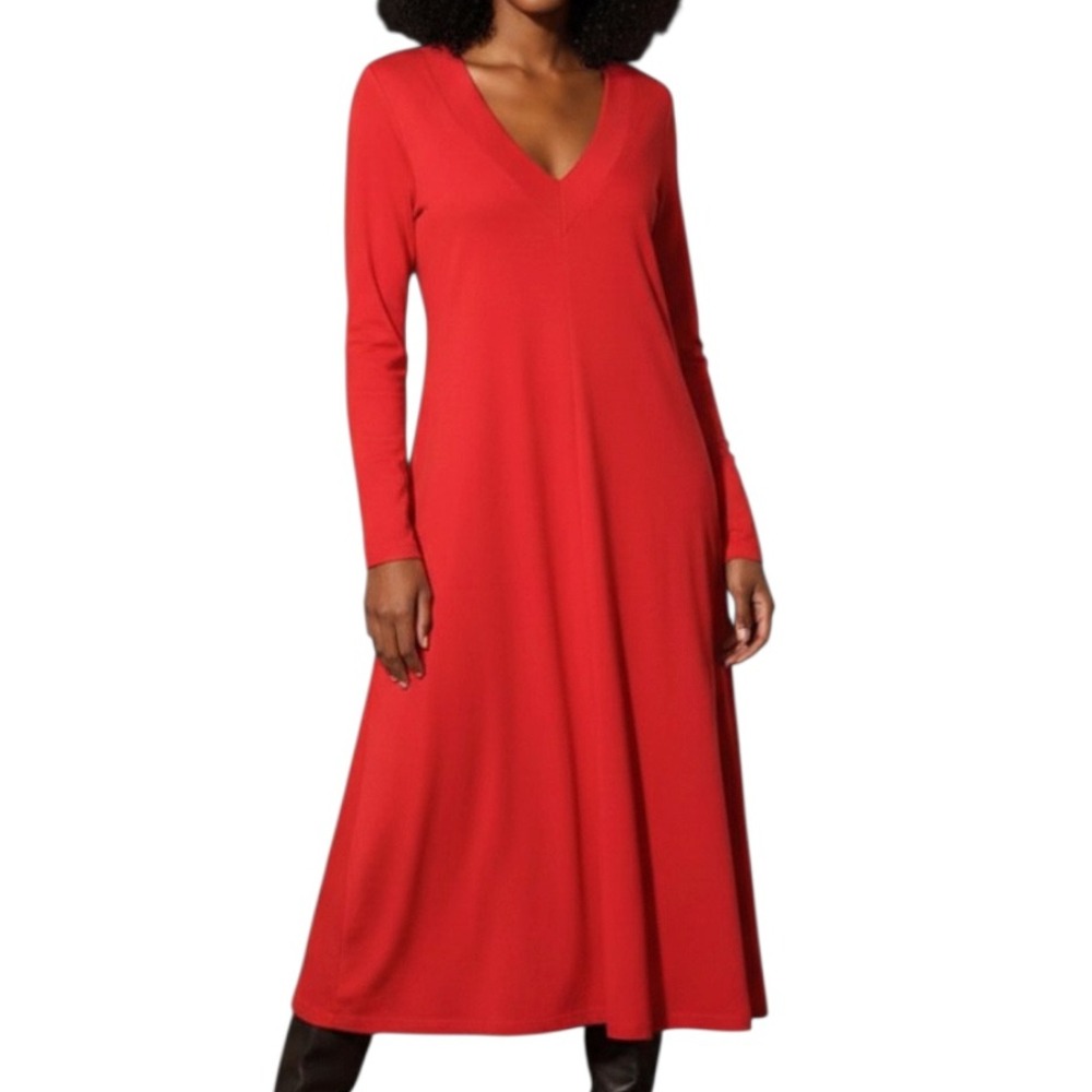 ZARA Red DEEP V-NECK Soft Knit RIBBED TRIM Long Sleeve MIDI A-LINE DRESS Sz M